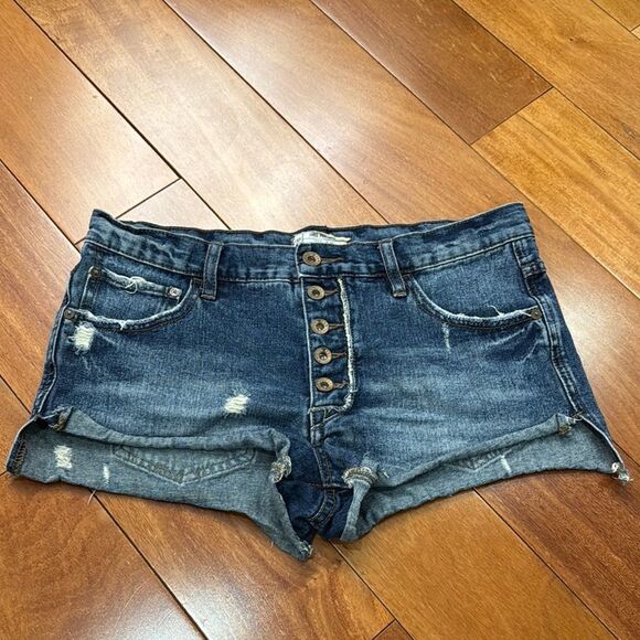 FP Free People Womens Jean Shorts Button Fly Distressed Raw Hem Blue Denim Sz 27 - Picture 1 of 8